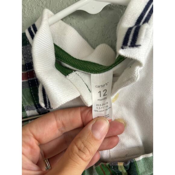 Carters 12 month boy Overall Shorts Shortall Outfit Polo Shirt Vintage Plaid - Picture 6 of 7